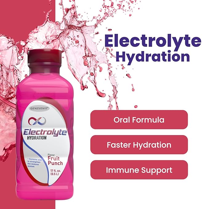 ALFA VITAMINS GenesisVit Electrolyte Solution Hydration Drink with Sodium Potassium Chloride &amp Zinc Fruit Punch Flavor Supports Hydration &amp Immune Health 12 Bottles 16.9 FL OZ Each 12