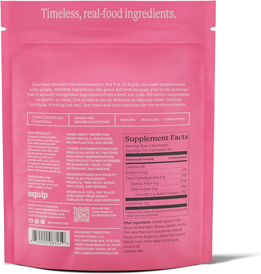 Equip Foods Core Bovine Colostrum Gummies - Delicious 1g Per Seving Grass Fed Colostrum Supplement - Gut Health Immunity Recovery Hair &amp Skin - 60 Bovine Colostrum Gummies 30 Servings Raspber