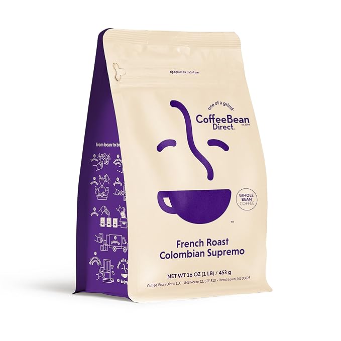 Coffee Bean Direct French Roast Colombian Supremo Whole Bean Coffee Arabica Coffee Dark Roast 1 Pound Bag (Pack of 1)