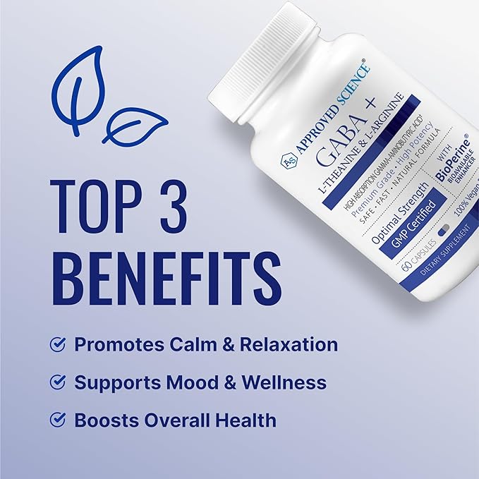 Approved Science GABA+ - Promote Calm Improve Sleep Boost Mood - GABA L-Theanine L-Arginine Vitamin B6 BioPerine - High Absorption - 60 Capsules - Vegan