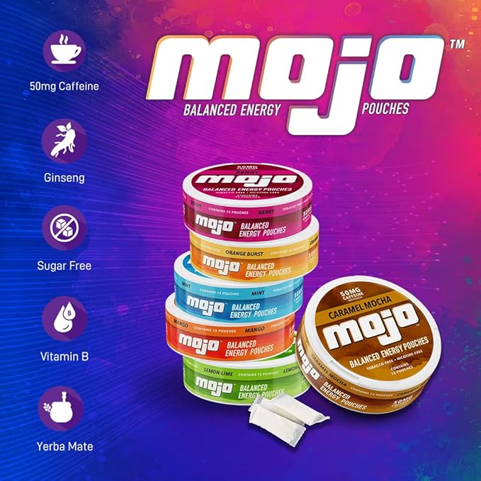 Mojo™ Balanced Energy Pouches | Healthier Energy Drink Alternative |Zero Sugar &amp Calorie-Free with Ginseng Yerba Mate B-Vitamins and Amino Acids | 15 Pouches Per Can | 5 Cans (Mint)