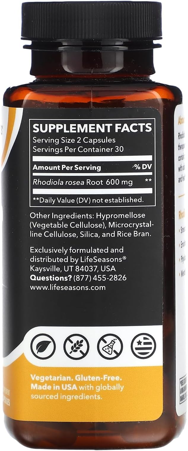 LifeSeasons Rhodiola Root 600mg per 2 Capsules – Adaptogenic Supplement for Natural Energy Mental Clarity Mood Balance Stress Support – 60 Vegan Capsules Non‑GMO Gluten‑Free
