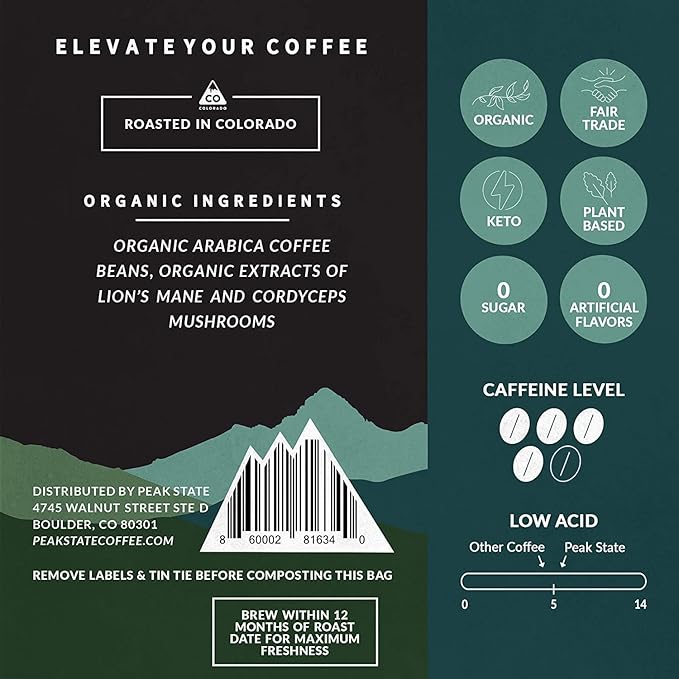 Peak State Calm Descent Decaf – Organic Mushroom Coffee with Benefits Low Acid and Smooth Dark Chocolate Caramel and Sweet Grape Notes Whole Bean Gluten Free 12 oz
