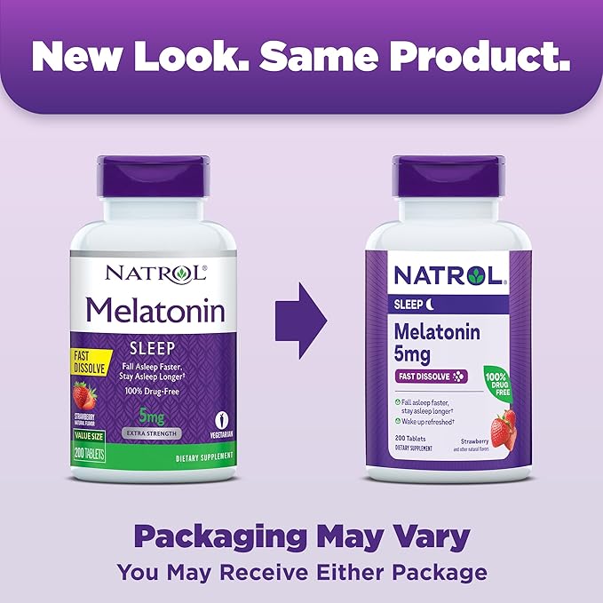 Natrol Melatonin 10mg 200 Tablets &amp 5mg 200 Tablets Strawberry-Flavored Fast-Dissolve Sleep Support Dietary Supplement Bundle