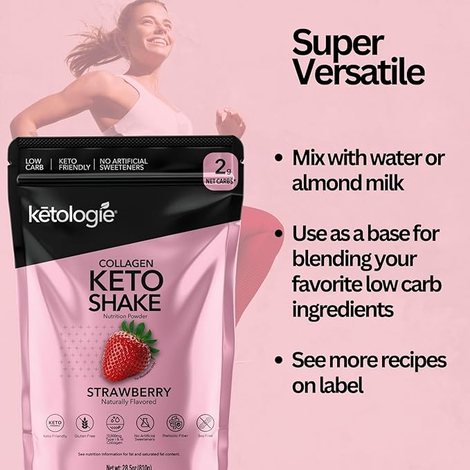 Keto Collagen Shake (Vanilla) - with Coconut Oil Prebiotics Grass Fed Hydrolyzed Collagen Peptides Type I &amp III Low Carb Gluten Free1.78lbs. (810g Strawberry)