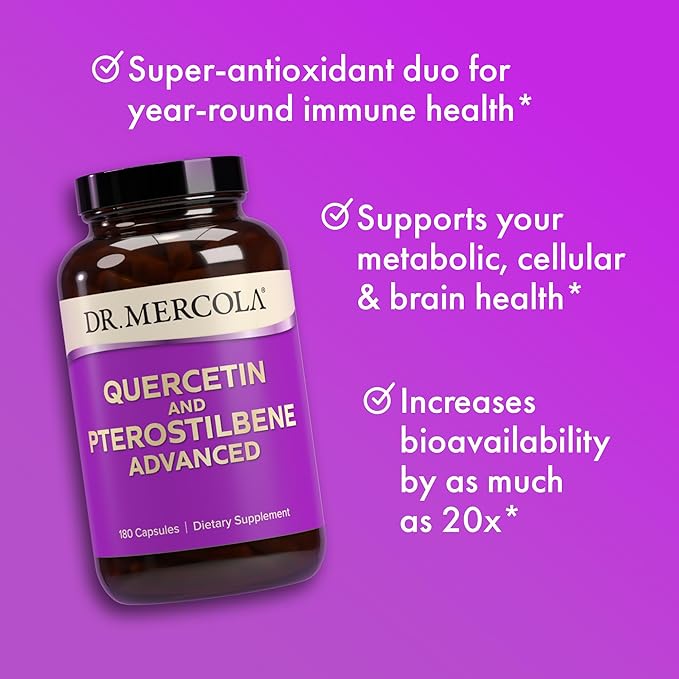 Dr. Mercola Quercetin &amp Pterostilbene Advanced - Supports Respiratory &amp Immune Health - 500 mg Quercetin - High-Bioavailability Formula - Non-GMO Gluten-Free &amp Soy Free - 180 Capsules (90