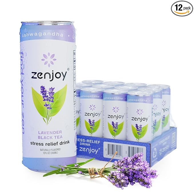 Zenjoy Stress Relief Drink Calming Black Tea Non Alcoholic Ashwagandha &amp Lemon Balm for Stress Relief L - Theanine for Focus (12 Pack) (Lavender)