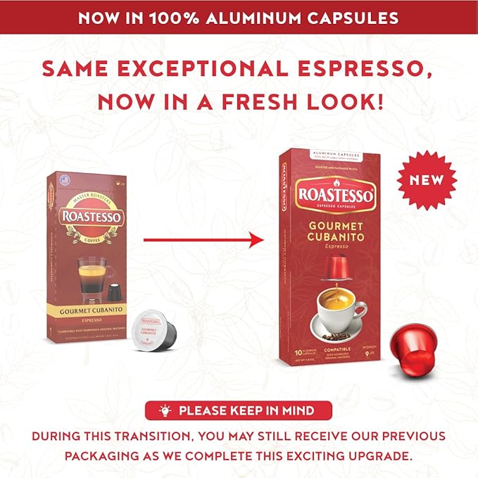 Roastesso Aluminum Espresso Capsules Gourmet Cubanito Cuban Blend Compatible with Nespresso Original Machines Dark Roast Intensity 9 Ristretto Recyclable Coffee Pods Packed in USA (40 Count)