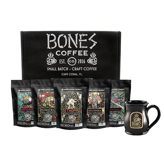 Bones Coffee Company NEW World Tour Bundle with Specialty Mug and Favorite Flavors Sample Pack | Ground Coffee Beans Bundle