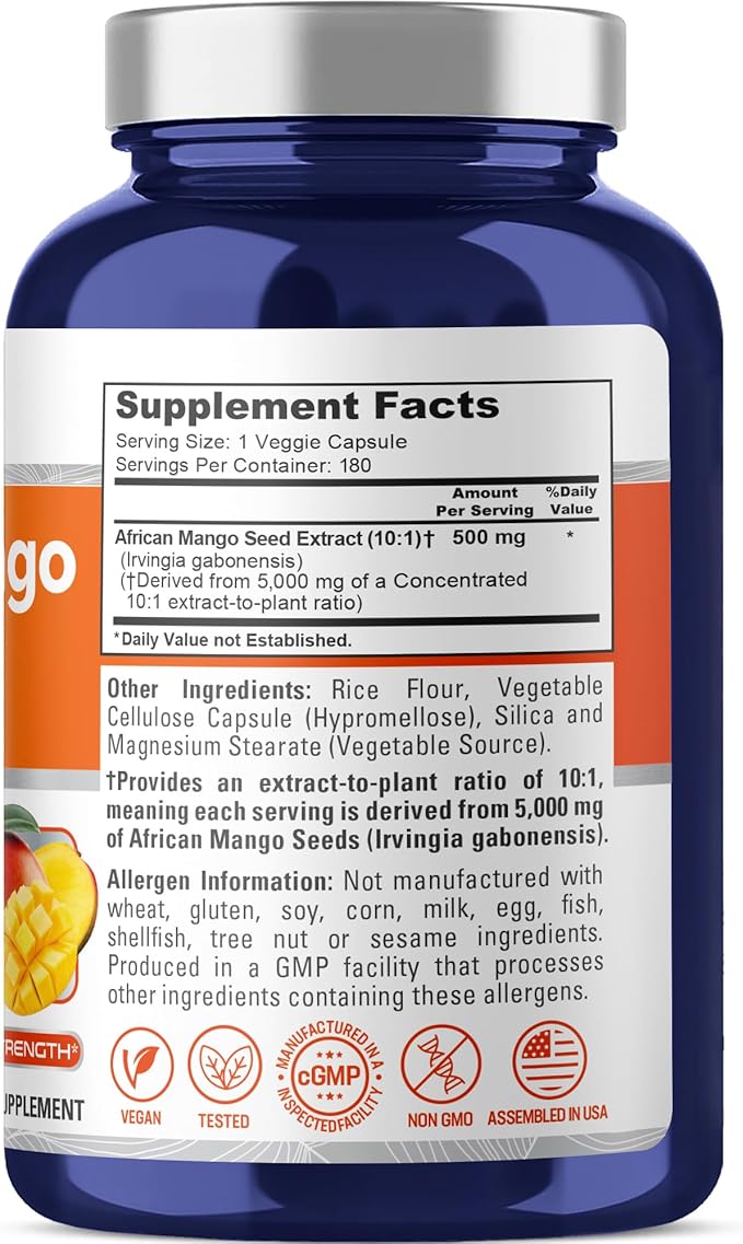 NusaPure African Mango 10:1 Extract 500 mg Equivalent to 5000 mg per Veggie Caps 180 Capsules (Non-GMO Vegan)