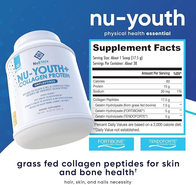 NuEthix Formulations Nu-Youth + Collagen Protein Collagen Peptides May Help Support Bones and Joints Dietary Supplement 30 Servings