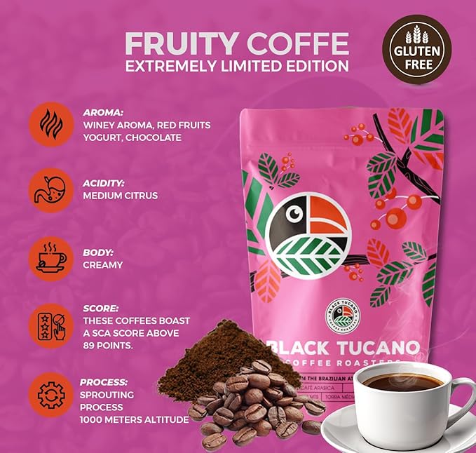 Exotic Specialty Coffee Black Tucano - Brazilian Medium Roast with Sublime Fruit Notes - Coffee - 8.8 Ounces 250 Gr Whole Bean