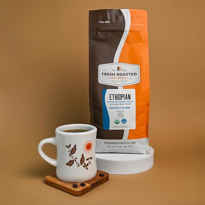 Fresh Roasted Coffee Organic Ethiopian Sidamo Water-Processed Decaf | USDA Organic 100% Single Origin Kosher | Medium Roast 2 lb (32 oz) Ground