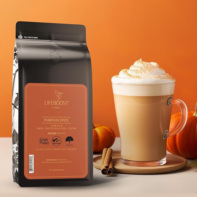 Lifeboost Pumpkin Spice Coffee Whole Bean – Organic Low Acid Non-GMO - Cozy Fall Time Blend – Single Origin Medium Roast Mycotoxin-Free Flavored Coffee 12 oz
