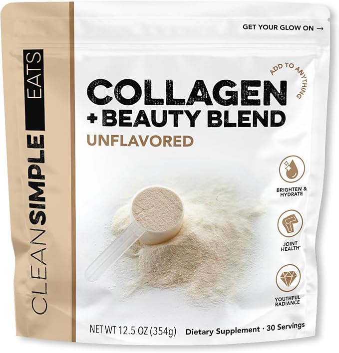 Clean Simple Eats Collagen Powder + Beauty Blend Unflavored 11G Hydrolyzed Collagen Peptides from Grass Fed Bovine &amp Chicken Hyaluronic Acid for Hair Skin Nail &amp Joint Support 30 Serving