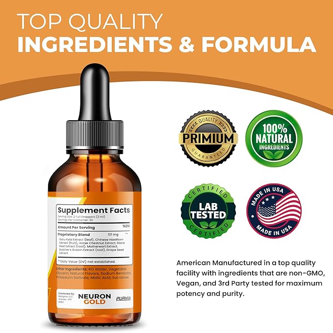 Neuron Gold Drops NeuronGold Liquid Supplement Neuropathy Nutritional Support For Health Relief Nerve Pain Vitamins Stimulator Essentials Regeneration for Memory Focus Concentration Clarity (2oz)