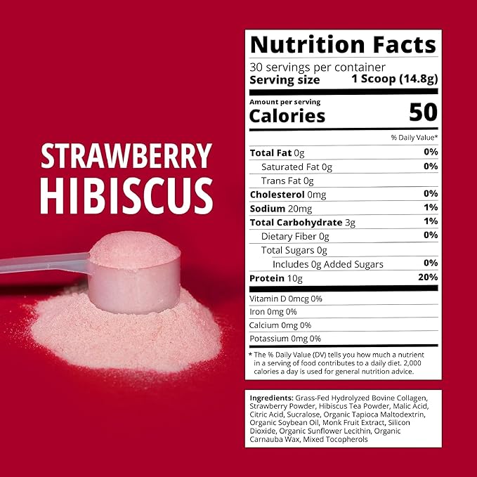 Strawberry Hibiscus Flavored Collagen | 30 Servings | Grass-Fed Hydrolyzed Bovine Collagen Powder for Men and Women | Promotes Hair Nail Skin Bone and Joint Health | No Added Sugar