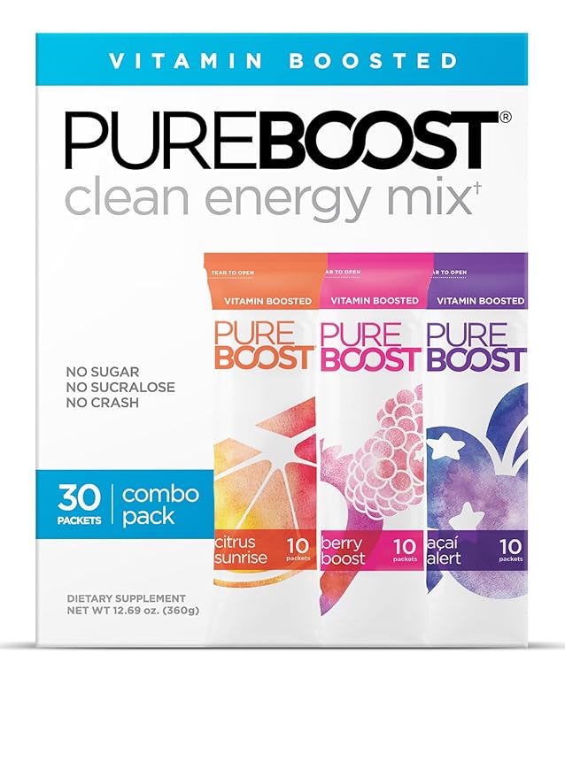 Pureboost Clean Energy Booster Refreshing Energy Drink Mix with B12 Vitamins Electrolytes Antioxidants Sugar-Free with No Sucralose (Combo Pack 30 Count)