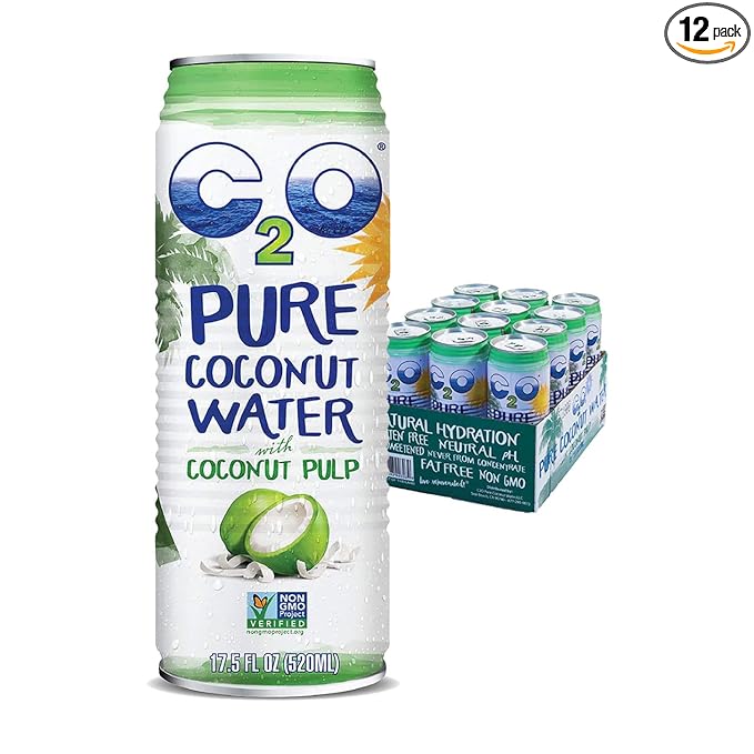 C2O Pure Coconut Water with Pulp | Plant Based | Non-GMO | No Added Sugar | Essential Electrolytes | 17.5 FL OZ (Pack of 12)