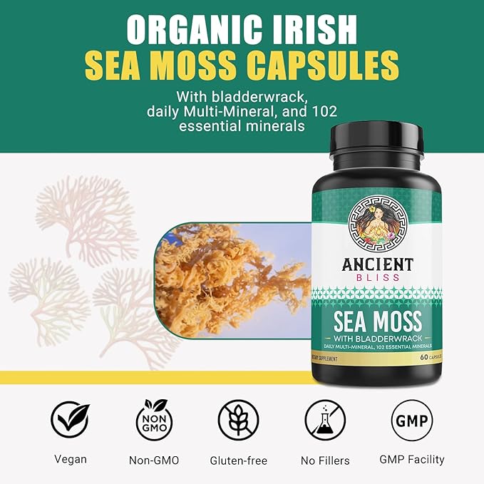 Ancient Bliss Organic Irish Sea Moss Pills - Dr Sebi Wildcrafted Seamoss Capsules | Thyroid Healthy Skin &amp Gut Support | 120 Capsules