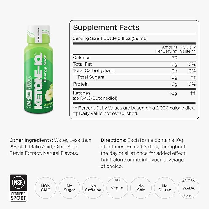 Ketone-IQ No Caffeine Exogenous Ketones Energy Shots - 24 Pack of Caffeine Free Energy Drinks with 10g Ketones - Sugar Free Salt Free and All Natural (Green Apple)