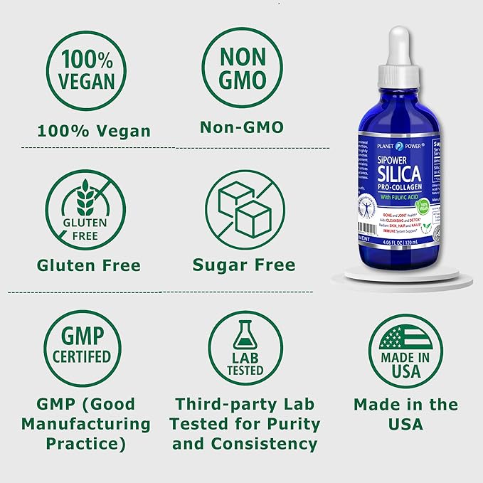 SiPower Silica Vegan Collagen Supplement Drops-Liquid Mineral Orthosilicic Acid (CH-OSA) + Fulvic Acid. Natural Collagen Booster for Joints Bones Hair Skin Nails Immune &amp Digestive Health-4o