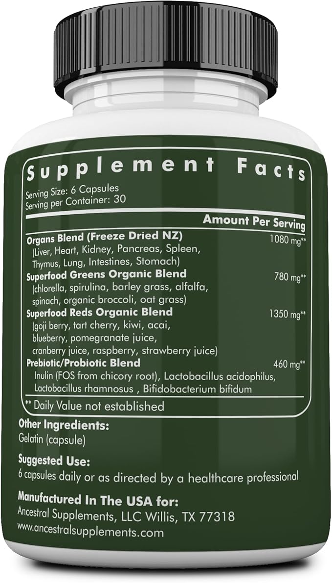 Ancestral Supplements Greens Powder Capsules Organic Superfood Greens &amp Reds Blend with Spirulina Chlorella Grass Fed Beef Organs and Probiotics for Gut Health Non GMO 612mg Each 180 Count