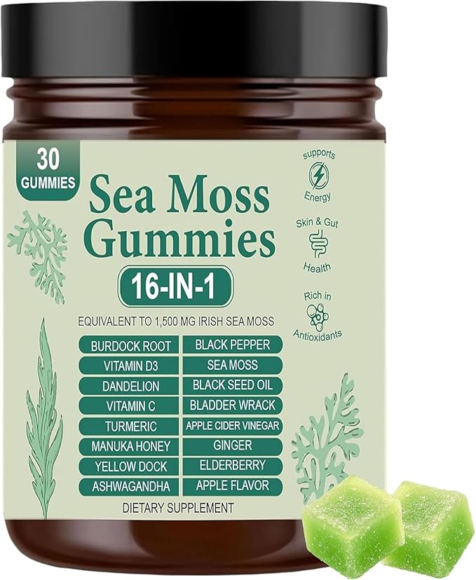 Sea Moss Gummies 16-in-1 with Bladderwrack &amp Burdock Root - Organic Irish Sea Moss Supplement for Immune Support Digestion Energy - Vegan Non-GMO 30 Chewable Gummies