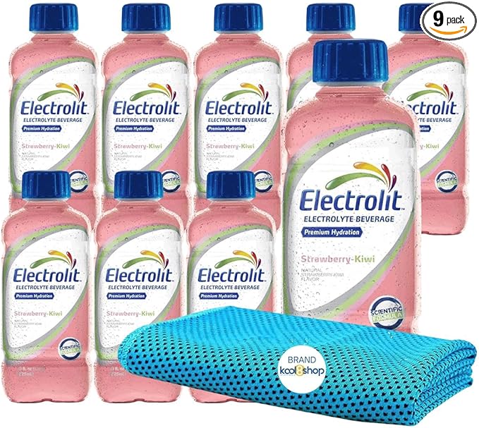 Electrolit Strawberry Kiwi Hydration Drink With Electrolytes 21 fl oz Plastic Bottles 9 Pack + 1 Microfiber Cooling Towel by KOOL8SHOP Infinite Deals