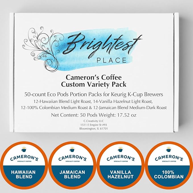 50-count single-cup coffee pack sampler for Keurig K-Cup Brewers Variety of Cameron's flavors Jamaican Blend Hawaiian 100% Colombian and Vanilla Hazelnut Packaged by Brightest Place Compatible with