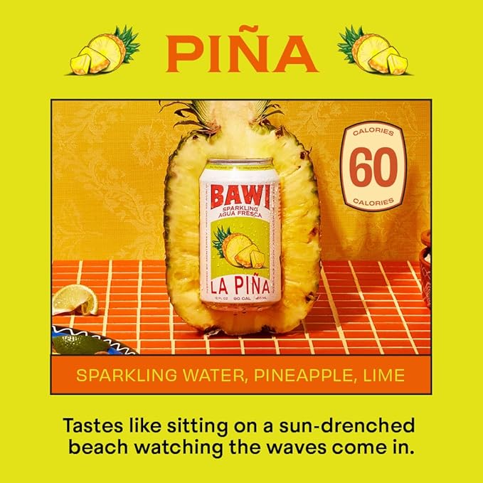 Bawi La Pina Sparkling Agua Fresca 12 Pack - Pineapple Flavored Water Plant-Based Low Calorie Less Sugar Culturally-Rooted Mexican Drink Made in USA Better-For-You Soda Authentic Mexican Drin
