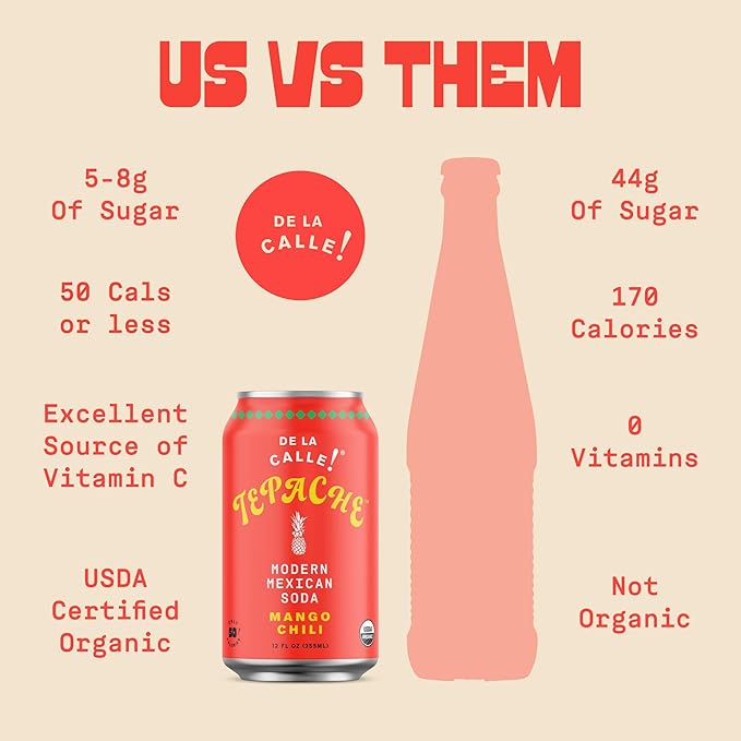 De La Calle Tepache - Mango Chili - Modern Mexican Soda - Craft Fermented Pineapple Sparkling Beverage - Certified Organic Antioxidant Rich Non-Alcoholic Healthy Soda Low Sugar Low Calorie Non-G
