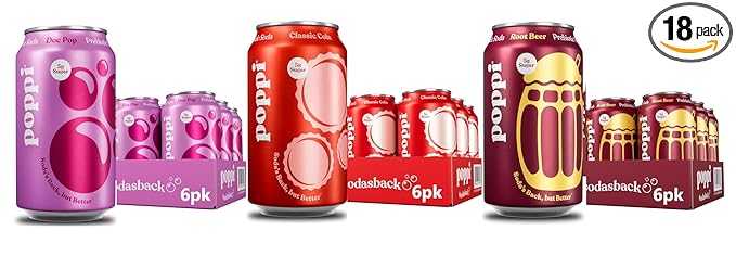 Sparkling Prebiotic Soda Beverage with Apple Cider Vinegar Seltzer Water and Fruit Juice ( 6 Classic Cola Flavor /6 Root beer Flavor /6 Doc pop Flavor all 12 oz cans total 18 Pack ) Packaging May