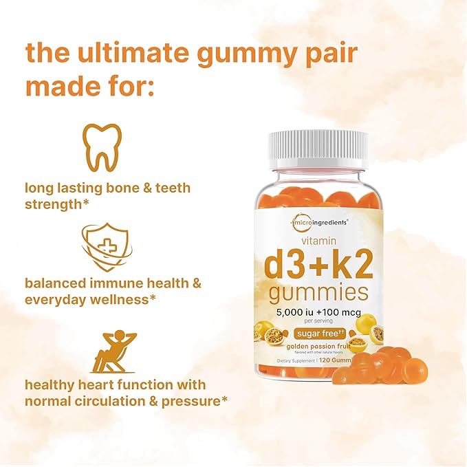 Micro Ingredients Vitamin D3 K2 Gummies &amp 8-in-1 Multi Collagen | Bundle | Sugar-Free Passion Fruit Flavor | 5000 IU D3 + 100 mcg K2 MK-7 | Hydrolyzed Peptides + Biotin Hyaluronic Acid &amp Vit