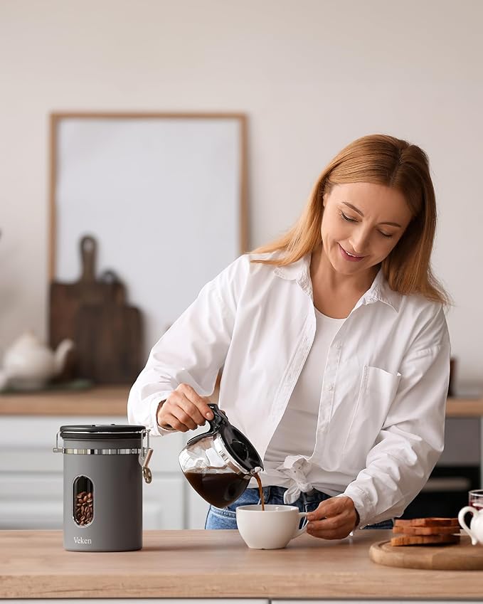 Veken Coffee Canister with WindowAirtight Stainless Steel Kitchen Food Storage Container Date Tracker &amp Scoop for Grounds Coffee Beans Tea Flour CerealSugar22OZGrey