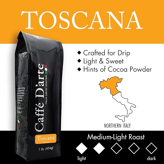 Caffe D’arte Toscana Ground Coffee – Light Roast Sweet and Soft Flavor Roasted in Seattle Crafted for Drip Coffee Makers 1 lb