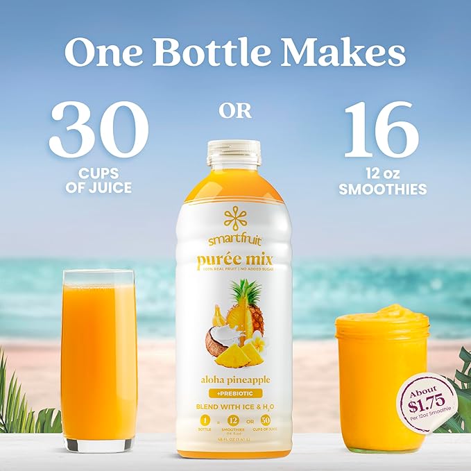 Smartfruit Aloha Pineapple + Prebiotic – 100% Real Fruit Purée with Pineapple Banana Apple &amp Coconut – Great for Smoothies Juice Yogurt Cocktails Teas – High in Vitamin A – 2-Pk 48oz Each