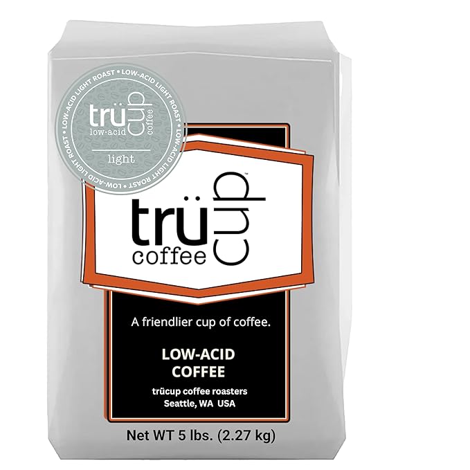 trücup Low Acid Coffee Light Roast Whole Bean Coffee 5 LB Natural Water&ampSteam Process (60% Less Acid) Smooth Flavor Stomach-Friendly Rich in Antioxidants
