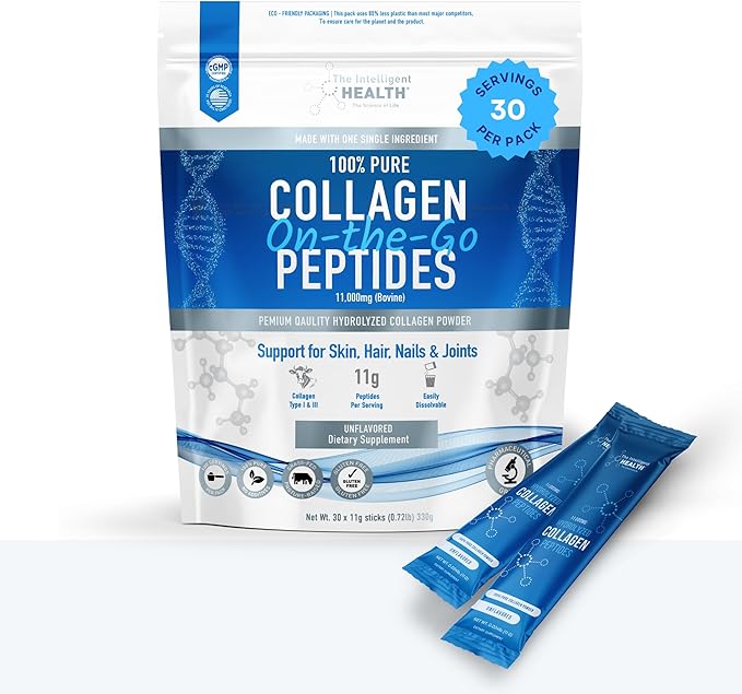 The Intelligent Health Hydrolysed Collagen Powder (Bovine) - High Protein Grass Fed Unflavoured Peptides - Collagen Supplements for Women | Gluten Free Paleo &amp Keto Friendly (Stick Pack (30))