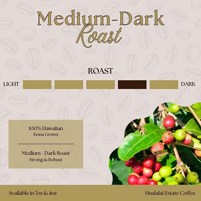 100% Kona Coffee - Peaberry Medium Dark Roast Blend by Hualalai Estate - 7 oz Premium Ground Kona Grown Coffee
