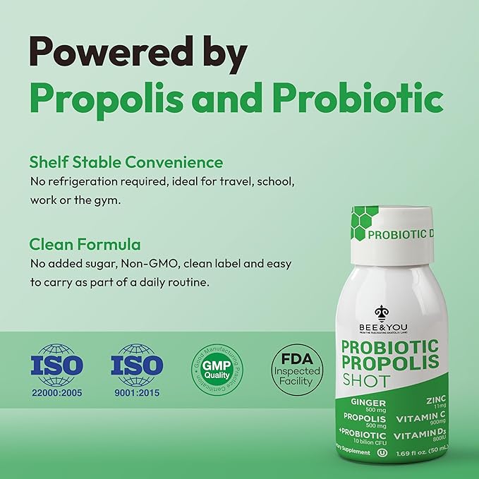 Bee and You Propolis Immune Shot Probiotic Vitamin C Vitamin D3 Zinc Ginger Immune Support Gut Health Digestive Health Bioactive 1.69 Fl. oz 12 Pack