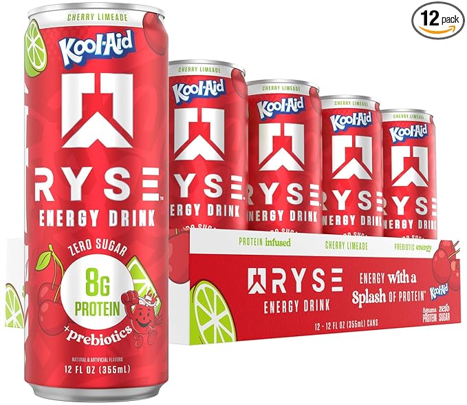 RYSE Functional Energy Drink - Kool-Aid Cherry Limeade - 150mg Natural Caffeine 8g Whey Protein &amp 1g Prebiotics - Sugar Free Gut-Friendly Bloat-Free - 12 fl oz Cans (12-Pack)