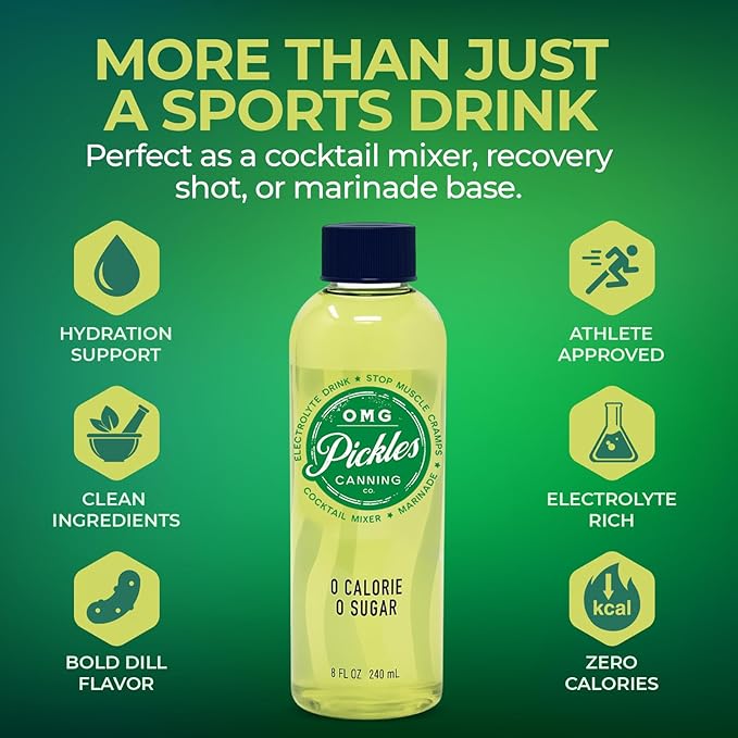 OMG Pickle Juice Sports Drink – Pickles Juice for Cramps &amp Pickle Shots for Leg Cramps – Fast Relief Electrolyte Sport Recovery Drink – No Sugar - 8 oz Pack of 4