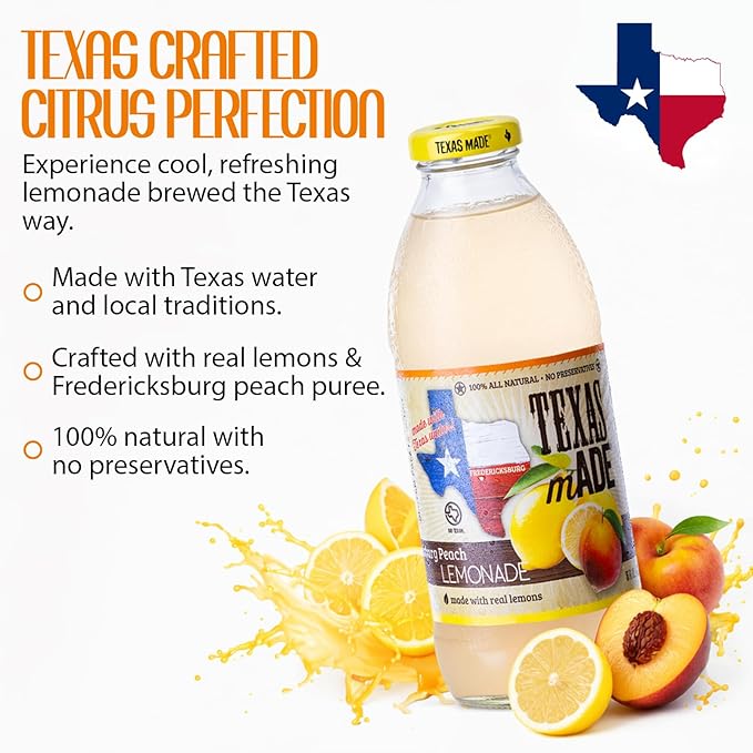 Texas mADE Fredericksburg Peach Lemonade Lemonade Made with Pure Cane Sugar and Peach Flavor No Preservatives Texas Crafted Lemonade 16 fl oz Pack of 12