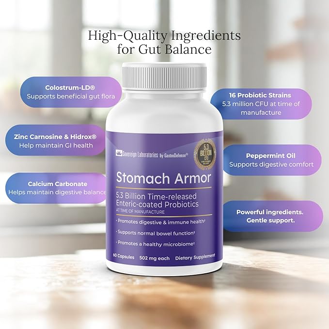 Stomach Armor - Shelf Stable Pre and Probiotic - Liposomal Colostrum-LD Enhanced. Beneficial Stains Colonize and Promote Gut Health Designed for Adult Women and Men