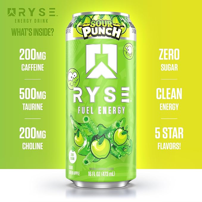 RYSE Fuel Energy Drink - Sour Punch Green Apple - Sugar Free Gluten Free &amp Vegan - 200mg Natural Caffeine Taurine &amp Choline for Focus &amp Energy - No Artificial Colors - 16 fl oz Cans (12-