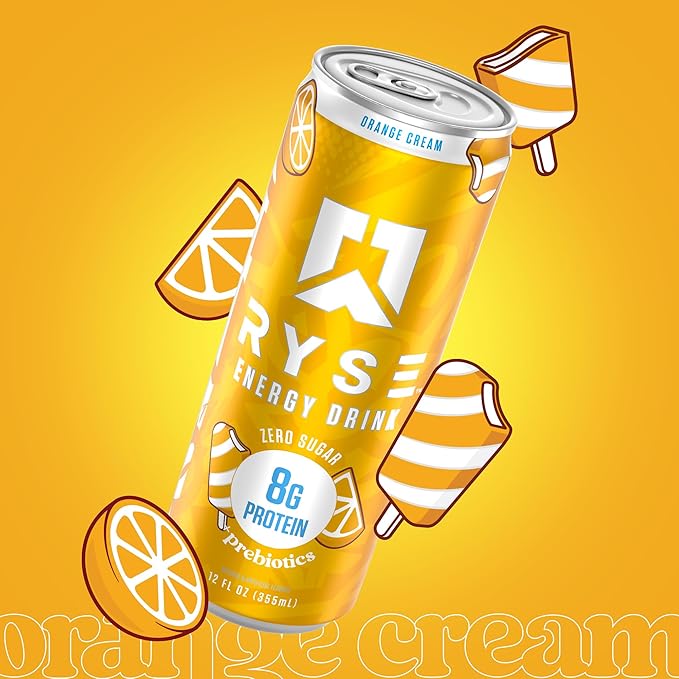 RYSE Functional Energy Drink - Orange Cream - 150mg Natural Caffeine 8g Whey Protein &amp 1g Prebiotics - Sugar Free Gut-Friendly Bloat-Free - 12 fl oz Cans (12-Pack)