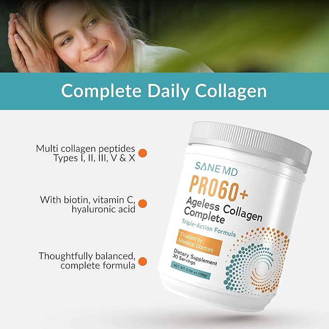 Sane MD PRO60+ Collagen Peptides Powder - Multi-Collagen Types I II III V &amp X with Biotin Vitamin C &amp Hyaluronic Acid Grass-Fed Unflavored Daily Support 60+