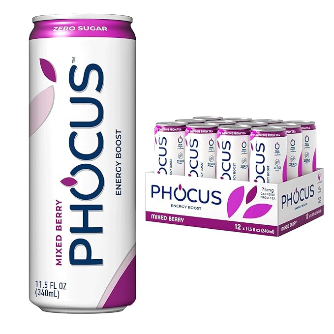 Phocus Caffeinated Sparkling Water - Mixed Berry - Clean Energy with Caffeine + L-Theanine - 0 Sugars Calories or Carbs - Non GMO Whole 30 Keto Vegan Kosher - 11.5 Fl Oz. (12 Pack)