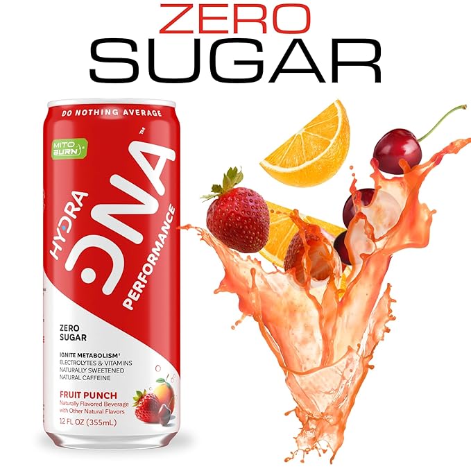 HYDRADNA- Clean Performance Drink Zero Sugar | For Natural Fuel Alertness Boost Stamina120 mg Organic Caffeine Natural Flavors Zero Sucralose Clean Ingredients (12 Pack) (12 Pack Fruit Punch)